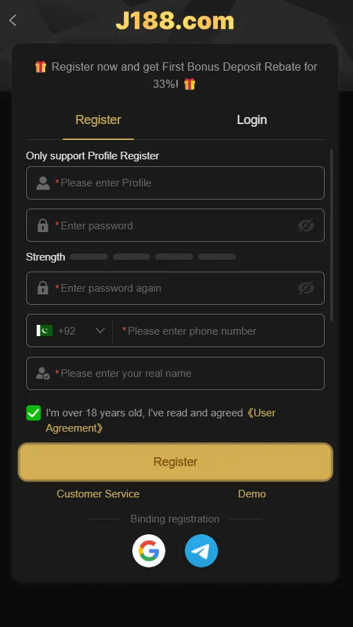 j188 game registration with phone number and password