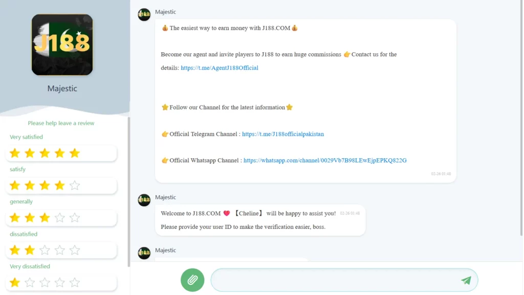 In app customer support of j188 game